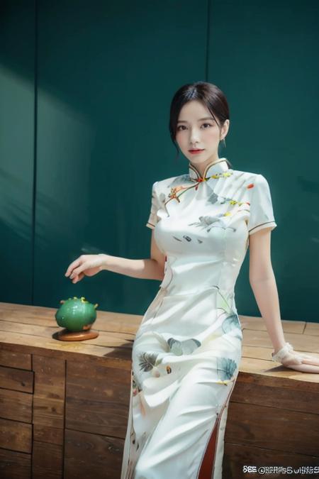 (global illumination, reality,ray tracing, HDR, unreal rendering, reasonable design, high detail, masterpiece,best quality, ultra high definition, movie lighting),
1 girl,qipao01,outdoor,looking_at_viewer,hair bun,side_blunt_bangs,china_dress,chinese_style,light green qipao,big breasts,pose,solo,1girl,black hair,black eyes, (lakeside background: 1.3),   <lora:QpShuimo:0.7>