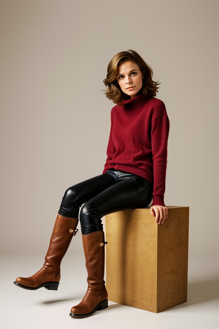 SusanSaintJames, portrait of fashion model, sitting on floor, legs elegantly bent with heels touching, leaning back on both arms extended behind her, ((equestrian clothes, riding boots, corduroy fabric pants, ribbed sweater, earth tones, long sleeves)), graceful pose with a white background, bold fashion, minimalist aesthetic, quiet luxury