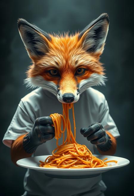 An anthro fox wearing a white t-shirt is eating spaghetti., cinematic, dramatic, dynamic, vibrant, atmospheric, funny