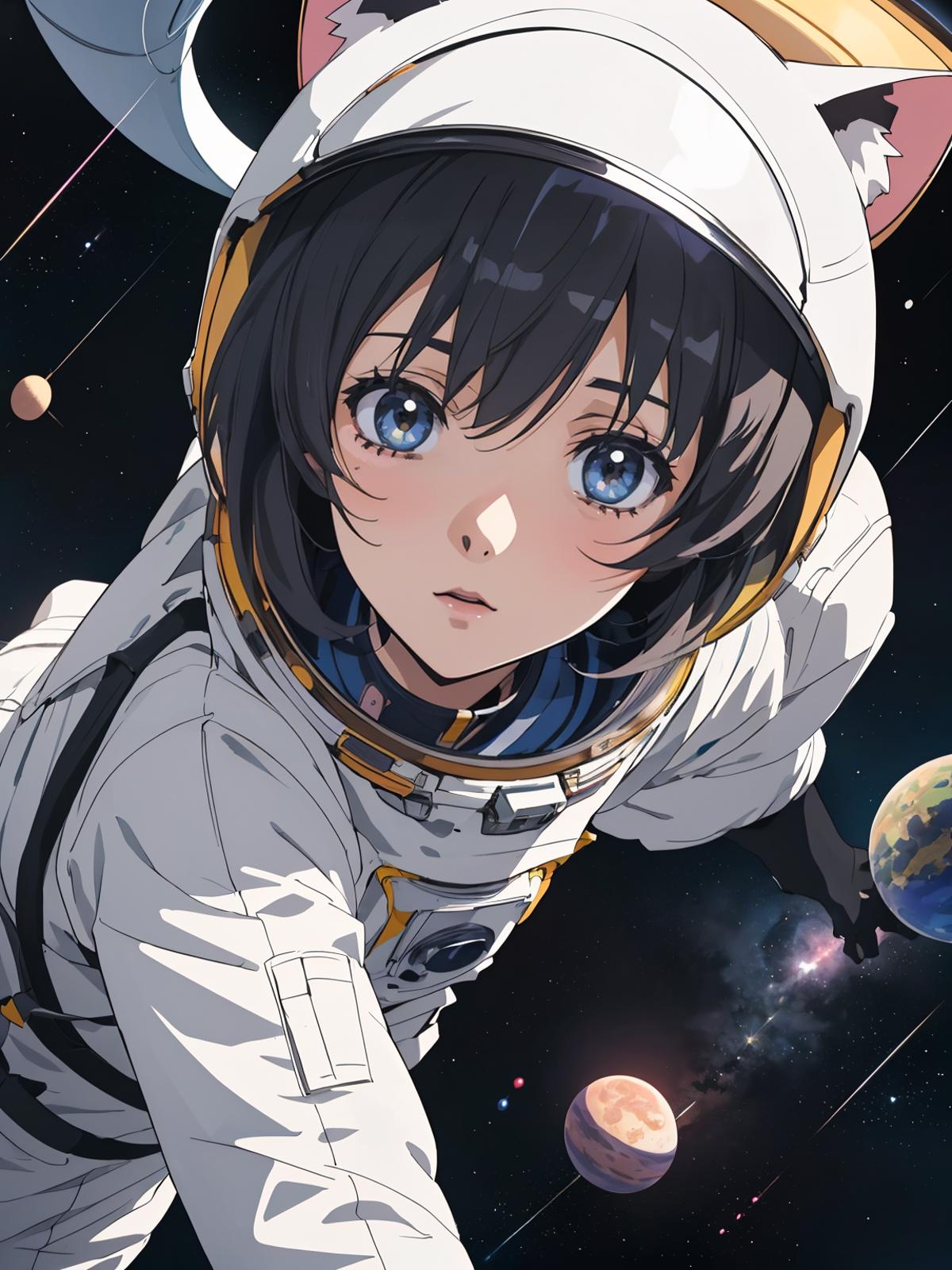 Anime character in a white space suit looking at the camera.