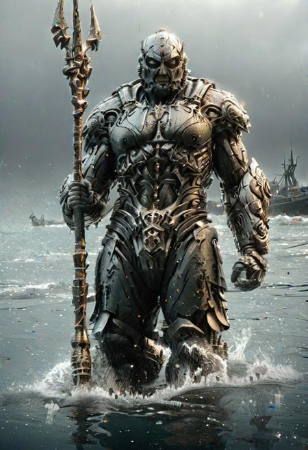 Underwater , Solders wearing  mad-hvybdyarmr holding Trident, walking on the sea floor.