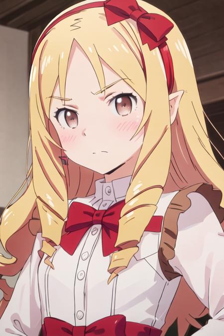 best quality, masterpiece, highres, solo, {yamada_elf_eromangasensei:1.15}, blonde_hair, long_hair, blush, drill_hair, brown_eyes, bow, hair_bow, pointy_ears, red_bow, hairband