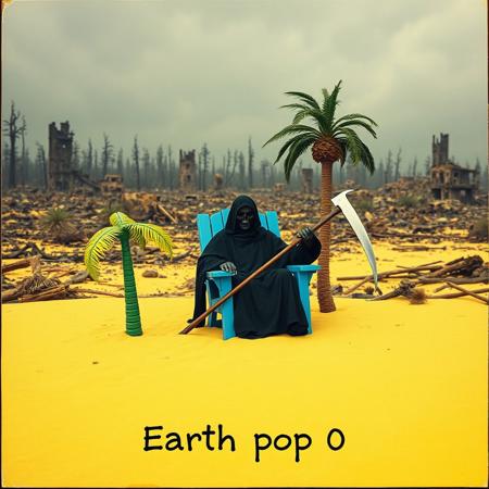 postcard of a post apocalyptic Earth, burnt forest and crumbling modern city ruins in the background, sky is grey and menacing, this nightmare view of desolation contrasts with the colorful scene in the foreground, front and center a patch a yellow sand with a fake plastic palm tree, in the middle of the sand we can see Death in its black smokey robe laid down on a bright blue long chair, the Scythe is planted into the sand by its side, This is the postcard from Death's vacation after the end of the wold. Text reads at the bottom of the card "Earth pop 0"
