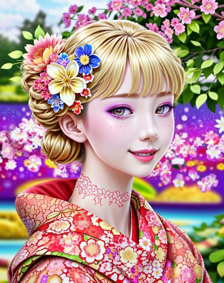 4K, Masterpiece, highres, absurdres,natural volumetric lighting and best shadows, deep depth of field, sharp focus, soft delicate beautiful attractive face,vandread,blonde Nadia with sunglasses and a choker , smiling, vandread drawing style, 
1girl, solo, hair ornament, upper body, flower, japanese clothes, hair flower, kimono, hair bun, blurry, lips, blurry background, floral print, realistic, red kimono, with a edgJapan haircut,
<lora:Dita:0.25> <lora:Nadia:0.35> <lora:zeronis:1> <lora:edgJapan:1>