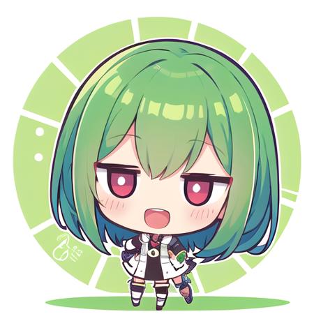 <lora:hotarueye_jitome11_v100:1>, 1girl, (chibi:1.4), smile, open mouth, dynamic angle, standing, , green hair,