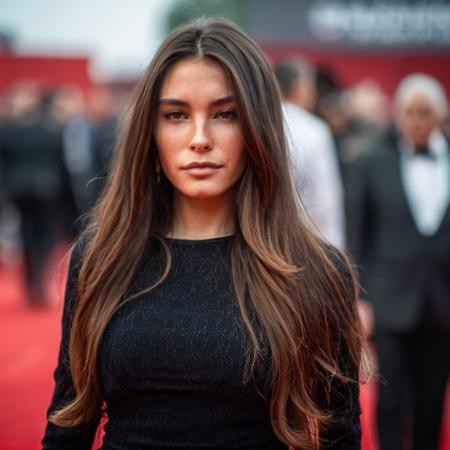 mabeer, (Skin texture, pores), Super high res photo of a woman with long flowing hair on the red carpet wearing a long sleeve shirt,f /2.8, Canon, 85mm,cinematic, high quality, skin texture, looking at the camera, skin imperfections,  <lora:mabeer_xl_1_standard_merger_19_29_48_98_03_03_02_02:1>