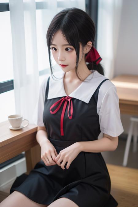 ultra-detailed,highly detailed,best quality,masterpiece,illustration,nsfw,
1girl, kaguya,shinomiya kaguya, cosplay,hair ribbon, folded hair,
shuuchiin academy school uniform,summer uniform,short sleeves, sailor collar,pinafore dress,
<lora:kaguya_sum_v1_03:0.6>