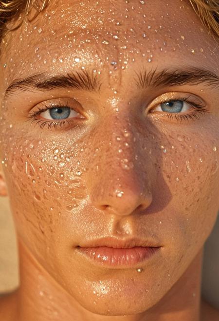 25 yo male model, headshot, skin details, intricate details, skin pores, detailed face, hyperdetailed photography, looking at viewer, sunburnt skin, wrinkles, big eyes, refraction, reflection in the eyes, blushing, sweaty, sweat beads, broken nose, scars, expressive