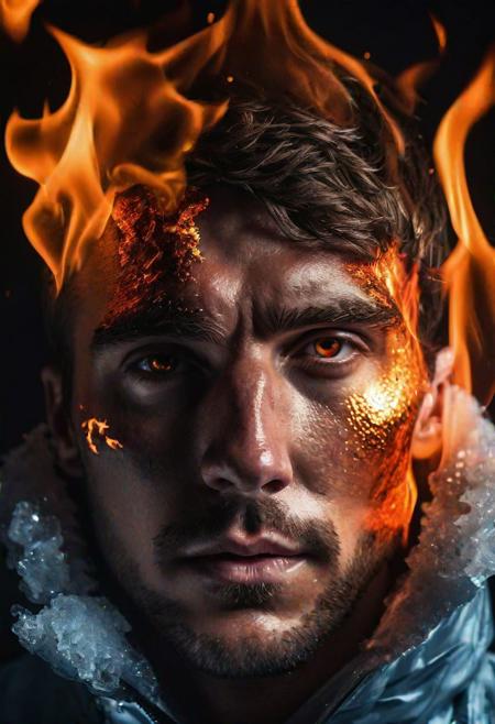 handsome man, half his face covered in ice and half his face covered in fire, fire and ice, cinematic lighting, high quality