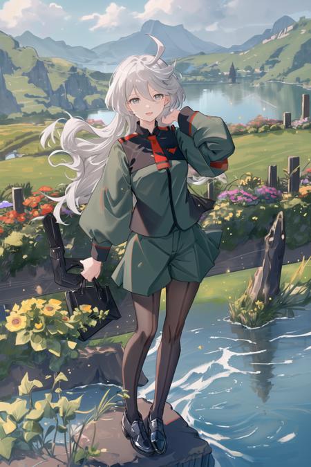 masterpiece, best quality, highres, miorine1, 1girl, miorine rembran, asticassia school uniform, solo, long hair, grey eyes, grey hair, ahoge, seamed legwear, green shorts, necktie, bangs,black pantyhose, long sleeves, green jacket,  red necktie, <lora:Miorine-000009:0.9>, fields, sunlight, lake in background, water splash, full body, black shoes, happy,standing, body focus, 