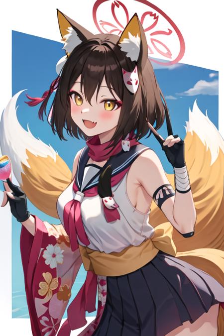 best quality, masterpiece, highres, solo, {izuna_bluearchive:1.15}, animal_ears, fox_ears, fox_girl, animal_ear_fluff, halo, brown_hair, bangs, short_hair, yellow_eyes, hair_ornament, smile, open_mouth, blush, fang, fox_tail, tail, hair_between_eyes, breasts, serafuku