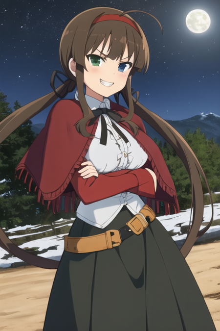 masterpiece, best quality, <lora:ryoubi-10:1>, 1girl, ryoubi \(senran kagura\), senran kagura, brown hair, long hair, twintails, low twintails, green eyes, blue eyes, heterochromia, hairband, red hairband, looking at viewer, facing to the side, sideway glance, pov, v-shaped eyebrows, smug, grin, dated, cowboy shot, crossed arms, dutch angle, breasts, large breasts, huge breasts, (capelet, red capelet:1.5), shirt, frilled shirt, (untucked shirt:1.5), (white shirt:1.5), long sleeves, wide sleeves, (red sleeves:1.5), skirt, (long skirt:1.5), frilled skirt, (black skirt:1.5), outdoors, forest, mountainous horizon, night, starry sky, moon, full moon, simple background, solo, solo focus, bandolier, ammunition, ammunition belt, bowtie, black bowtie,