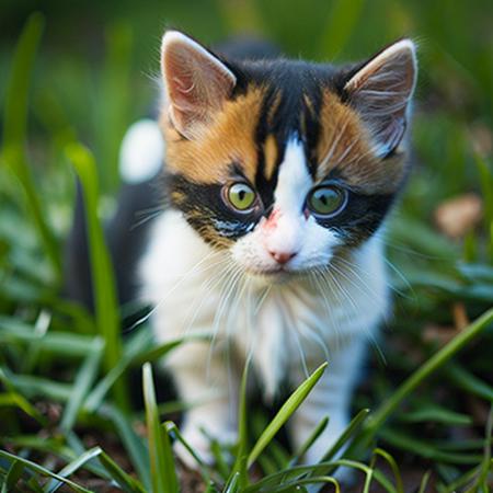 <lyco:Kitty:1.0> small white red and black kitty in green grass, realistic, photo