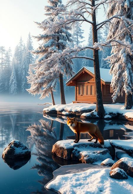 Frozen lake's glassy surface mirrors the frosty trees' delicate rime ice, their branches sparkling like diamonds in soft morning light. Snow-encrusted pines stretch towards the pale blue sky, their limbs etched in crystalline clarity. The wooden cabin's windows warm against the cold, while mist rising from the lake creates an otherworldly haze. A single red fox stands at the edge of the ice, its fur a vivid contrast to the frosty surroundings. Snow-crystals glisten like microscopic jewels on tree branches and surrounding rocks. Hyper-realistic lighting captures the serene atmosphere, inviting exploration of this peaceful winter wonderland.