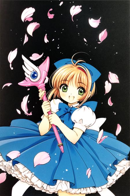 1girl, kinomoto sakura, dress, 1990s (style), blue dress, retro artstyle, puffy sleeves, green eyes, open mouth, solo, bow, holding, short sleeves, puffy short sleeves, brown hair, petals, fuuin no tsue, smile, short hair, apron, looking at viewer, frills, :d, blue bow, antenna hair, hair bow, white background, bangs, white bow, hairband, petticoat, frilled dress, white apron, simple background, magical girl, wand, frilled apron, cowboy shot, blue hairband, female child, holding wand, traditional media,  <lora:Card Captor Sakura:0.8>