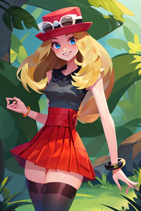 <lora:Iota:0.6>, , ((masterpiece,best quality)), absurdres,  <lora:serena_v1:0.7>,  serena \(pokemon\), 1girl, long hair, blue eyes,  thighhighs, long hair, hat, jewelry, bracelet, black thighhighs, collared shirt, pleated skirt, red skirt, sleeveless, high-waist skirt, sleeveless shirt, eyelashes, pink headwear, black shirt, eyewear on headwear, solo, smiling, looking at viewer, cowboy shot,  ,