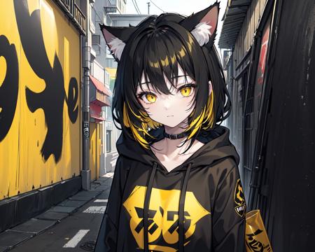 (best quality, masterpiece), (1girl, solo, cat ear black hood, standing, yellow eyes, black hair, leaning, upper body), (less light, black yellow room, Yellow graffiti behind, disorderly spray cans)