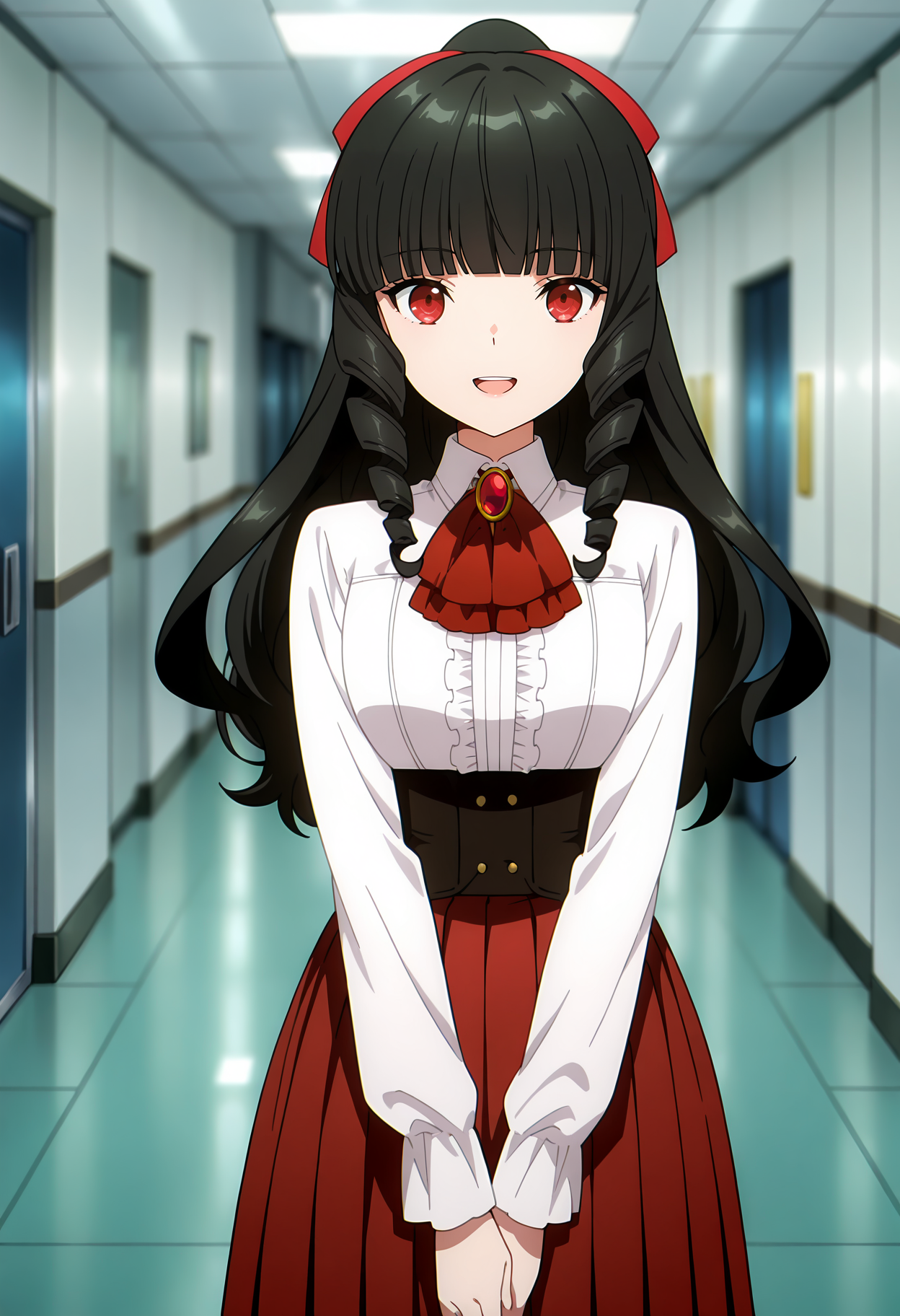 A young woman with red eyes and hair with a red ribbon tied in a bow at the back standing in a brightly lit, narrow corridor. She is wearing a white blouse with long sleeves and a frilled red bow on her collar, a black corset, and a red pleated skirt. The corridor has white walls and blue doors with metal handles, and a teal, tiled floor. The lighting is bright and even, suggesting fluorescent ceiling lights. 