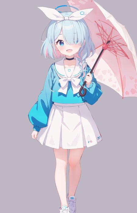 ((masterpiece,best quality)),

1girl, arona (blue archive), solo, umbrella, skirt, hair over one eye, white skirt, blue eyes, school uniform, blue hair, holding umbrella, holding, sailor collar, blue shirt, halo, shoes, choker, white footwear, braid, bow hairband, shirt, full body, hairband, serafuku, multicolored hair, looking at viewer, white sailor collar, short hair, white background, pleated skirt, white choker, open mouth, sneakers, long sleeves, pink hair, bow, single braid, white hairband, bangs, ribbon, smile, simple background, standing, hair ribbon

<lora:BAarona:1:lbw=CHARA>, 