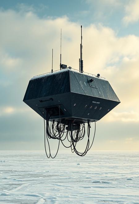 ultra high resolution, masterpiece, best quality, small featureless angular glossy black spacecraft with a heavily textured surface hovering low to the ground, underneath the spacecraft are cables hoses and wires, antennas on top, cables hanging from below, rectangular in shape, futuristic world, post apocalyptic landscape, anti gravity, in the atmosphere, sky, clouds, ground visible, hovering,  arctic wasteland, blowing snow, ice, freezing, frost covering spacecraft