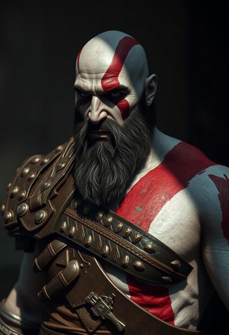A hyper-realistic cinematic photograph of Kratos from God of War. He is dressed in armor and depicted in all his battle-worn glory. photography, shadows, raw photo, detailed, realistic, photograph, cinema quality