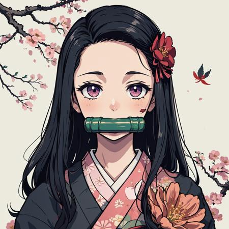 kamado nezuko, bit gag, kimono, (abstract), (flowers), (flower), leaves, (sfw), <lora:Ink scenery:0.8>,  <lora:kamado_nezuko_offset:0.8>