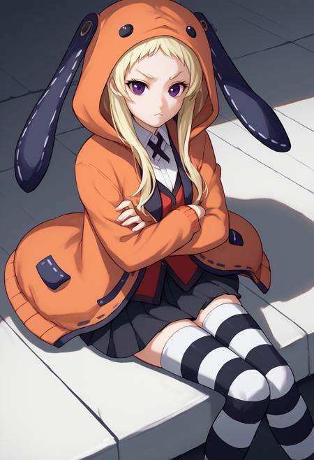 Runa, blonde hair, purple eyes, orange hooded jacket, white shirt, black and white thighhighs, animal hood, red blazer, pleated skirt, striped thighhighs