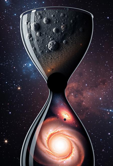 formation of galaxies in an hourglass. The top half contains gas and dust, the center contains a blackhole, the bottom half contains a full galaxy