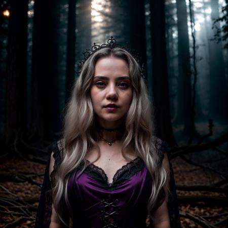 Photography, young sorceress woman wearing a dark purple lace dress, at night, fantasy, magnificent crown, white hair, lifelike skin texture, scary, gothic, cinematic, still from an hollywood movie, best quality, high res, detailed  <lora:MadiASMR_33B:1>