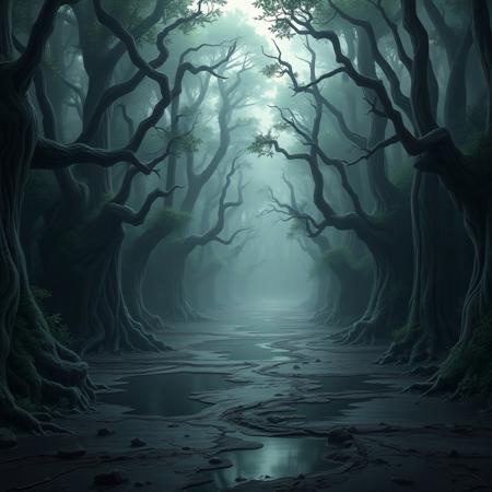 A liminal space in the Forest of Death, as seen in Naruto. The dense, overgrown trees are twisted and gnarled, their thick branches reaching out like fingers in the dim light. A dense mist hangs in the air, partially obscuring the thick vegetation and the dark shadows that stretch across the ground. The ground is muddy and uneven, with large pools of stagnant water reflecting the eerie stillness.
The forest is completely empty—no sounds of animals, no movement, only the oppressive silence and the occasional rustle of leaves. The once vibrant environment now feels still and abandoned, as if time itself has paused here. The ominous atmosphere of the Forest of Death is heightened by the absence of life, leaving behind only the shadowy, dangerous landscape. The trees form tight, oppressive walls, as if trapping anyone who dares to enter in a world of quiet, suffocating isolation.