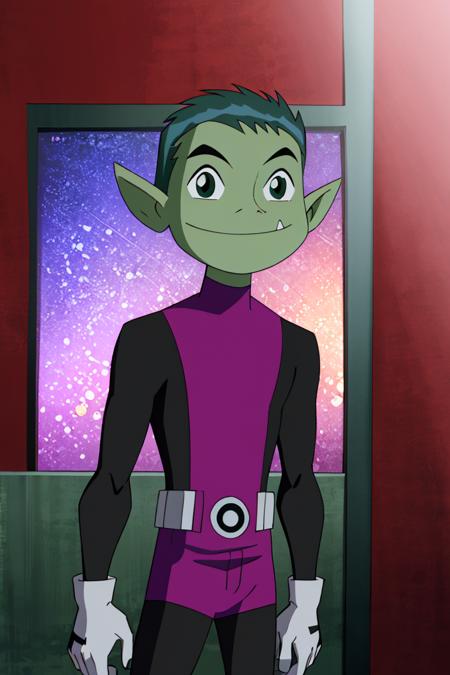  BeastBoy_TeenTitans,   1boy, solo, green eyes, green hair, green skin, colored skin, pointy ears,  purple bodysuit