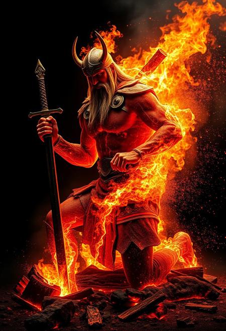 Viking god of fire disintegrating form kneeling holding sword with one arm, the penitent norse berserker, hyperrealistic cracking like a molten shell, flakes of form drifting and dispersing, windswept embers and ash blowing away, revealing fiery veins of electricity beneath, hyperrealistic digital masterpiece, ultra-detailed with HDR effect, set against a black background, visualizing the god's form falling apart, ultra high-quality photography rendering, post-processed, extremely detailed close-up.