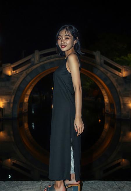 DSLR-style, slender, elegant 26-year-old Korean model, translucent pale skin with natural texture, soft shadow on cheek, diffused daylight from side, parted lips, masterpiece, ultra high-res  
<lora:NOOB_vp1_detailer_by_volnovik_v1:1>
barely visible pores, subtle skin texture variation, translucent skin tone, full body. 
"A full shot of a slender person with dongtan dress, dark hair, smiling and looking directly at the viewer. They are wearing a black, dongtan dress. The person is also wearing metallic silver platform sandals with clear straps. They are standing a stone arched bridge at night, illuminated by warm lights that highlight its architectural details. The bridge spans a calm body of water, where its semi-circular form is reflected perfectly, creating the illusion of a full circle or moon shape. The surrounding environment is dark, with hints of greenery and other architectural elements visible in the background, suggesting an urban or park setting at night."