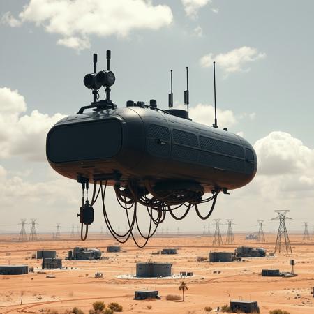 ultra high resolution, masterpiece, best quality, small featureless glossy black  spacecraft with a textured surface hovering low to the ground, underneath the spacecraft are cables hoses and wires, antennas on top, cables hanging from below, rectangular in shape, futuristic world, post apocalyptic landscape, ((low concrete buildings:1.3)) anti gravity, in the atmosphere, sky, clouds, ground visible, hovering, dry, ((dusty)), bleak landscape, parched, orange light, sunlight, square shapes, bleached colors, scattered destroyed industrial buildings, powerlines and towers