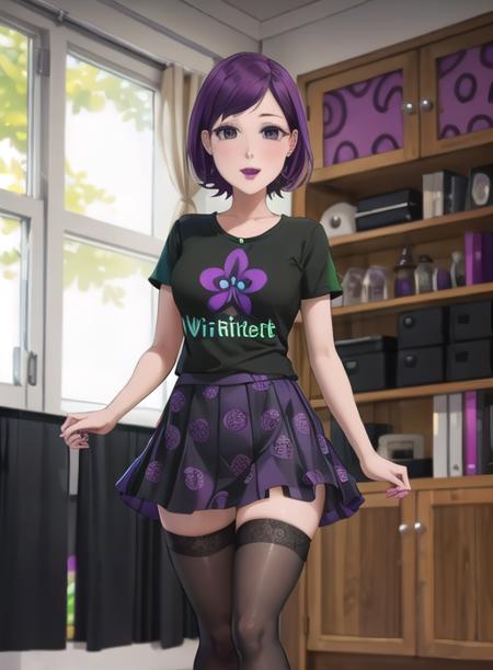 {best quality}, {{masterpiece}}, {highres}, original, extremely detailed 8K wallpaper, {an extremely delicate and beautiful},1girl,purple hair,makeup, purple_eyes, small eyes,smell,  whirt shirt,black skir,there are purple and green patterns on the skirt,black stockings,medium_breasts, <lora:zhangxiaoli:1>