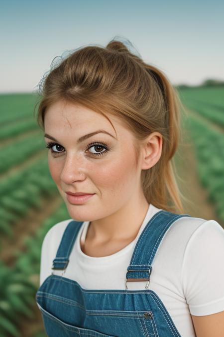 photography of an (closeup portrait) woman, realistic <lora:FayeReagan3:1>  wearing overalls white shirt on farm, vibrant colors