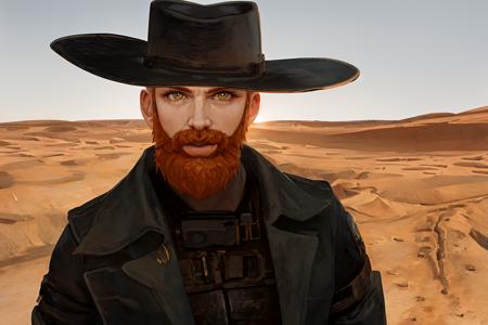 1boy, solo, handsome man, ginger beard, cowboy hat,  illustration, drawing, professional, defined shadows, accurate figure, easthetically pleasing, correct hands, post apocalyptic, desert wasteland background, best quality, portrait, (masterpiece, top quality, best quality), trending on artstation, artstation,  <lora:cragsand:0.70>, looking at you, portrait