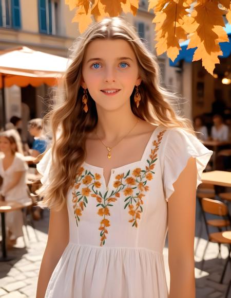 ameliagabs, In a vibrant, sunlit Italian piazza filled with the rustle of leaves and laughter of nearby children, Amelia Gabs stands alone, her long chestnut hair cascading down her shoulders like a waterfall. She wears an elegant white linen dress with delicate floral embroidery, accessorized by shimmering gold earrings and a necklace that catches the sunlight, framing her captivating blue eyes. Her poised yet casual stance invites the viewer to join her in this picturesque moment, as if sharing a secret between friends. Behind her, the warm orange hues of a nearby café's awning contrast with the cool blue sky, creating a harmonious backdrop that enhances the radiant beauty of Amelia Gabs.