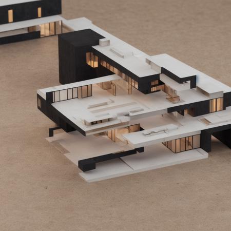 modern architecture, house, Corbusier style, handmade model style, detail close-up, 4k, black background, depth of field, bird 's-eye view <lora:handmodel:1>