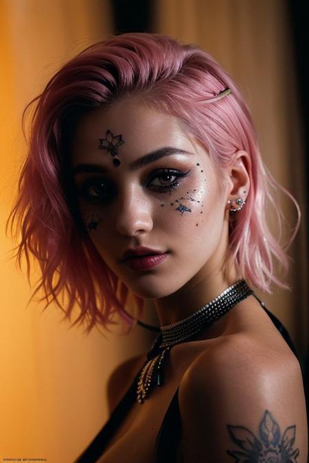 (a cute girl, 22 years old, pale skin ,  pink hair ,skinny:1.1),(big boobs , small nipples, Colombian hipster girl, edgy vibe, dark, mascara, eyeliner, dark cheeks, expressive lips, Unique facial piercings, alluring necklace, stylish sexy streetwear, alluring thighs, aesthetic tattoos on her body, almond shaped eyes, Dimples, strong eyeliner eyes ,Defined jawline, skin pores )(best quality, high quality, photograph, hyperrealism, masterpiece, 8k:1.3), mestizo, burly, white shaggy hair, dark skin, smile, (low-key lighting, dramatic shadows and subtle highlights:1.1),(((in the middle of the photoshograph studio))) adding mystery and sensuality, trending on trending on artsy, concept art, (shot by helmut newton:1.1), rule of thirds, black and white, modern ,epiCRealism, epiCNegative