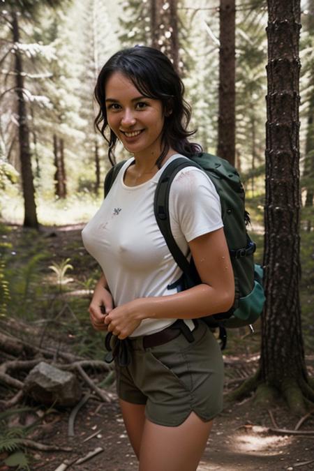 (18 year old black girl). Hiking in the forest. She's stopped and looking at the camera. On her back is an external frame backpack. She's wearing khaki shorts, hiking boots, and a tightly fitting athletic shirt. She has black hair, unwashed and messy hair. (She's slightly sweaty from the hike). She's smiling seductively at the camera with her mouth slightly closed, (flawless teeth). She has moderately sized breasts and a petite frame. Athletic / hiker build. slr, kodak, film grain.