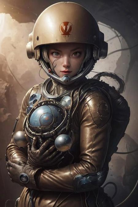 masterpiece, ultra high resolution, 3/4 view, (upper body:1.5), a woman in a space suit with a helmet on mars, space explorer, sovietpunk, breathtaking background, fantastic scenary, connected with wires to metallic orbs, elegant pose,