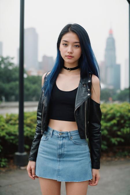 analog photo of a 22-year-old American girl, royal blue hair, 1995, 90s grunge fashion, miniskirt, tank top, petite, (medium breasts), black pantyhose, choker, cropped leather jacket, epiCRealism, vintage, faded film, film grain, polaroid, bokeh, night photography, (outdoors:1.2), fashion pose, standing in Taipei, Taiwan, (city:1.2), shot by Lilia Alvarado