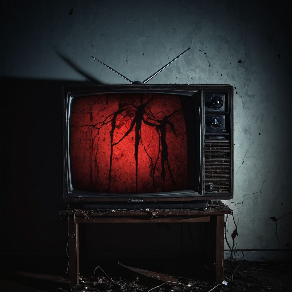 broken tv in the dark room, one spot light, blood, strange and creepy silhouette in the screen