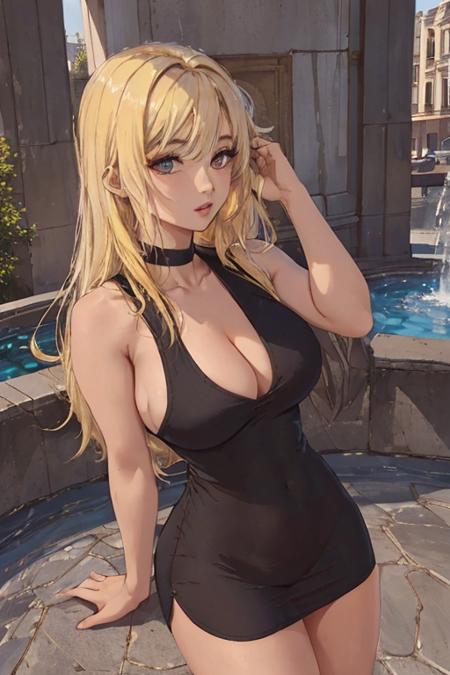 lying, (from_behind:1.4),  portrait, full body, choker minidress,<lora:choker_minidress_v1.0:0.7>, sleeveless, bare shoulders, choker, cleavage, 1girl, fountain,  thick thighs, clothing detail, clothing texture, toned, long hair, eyes, perfect face, dyed colorful hair, pale skin, highlighted blonde hair,