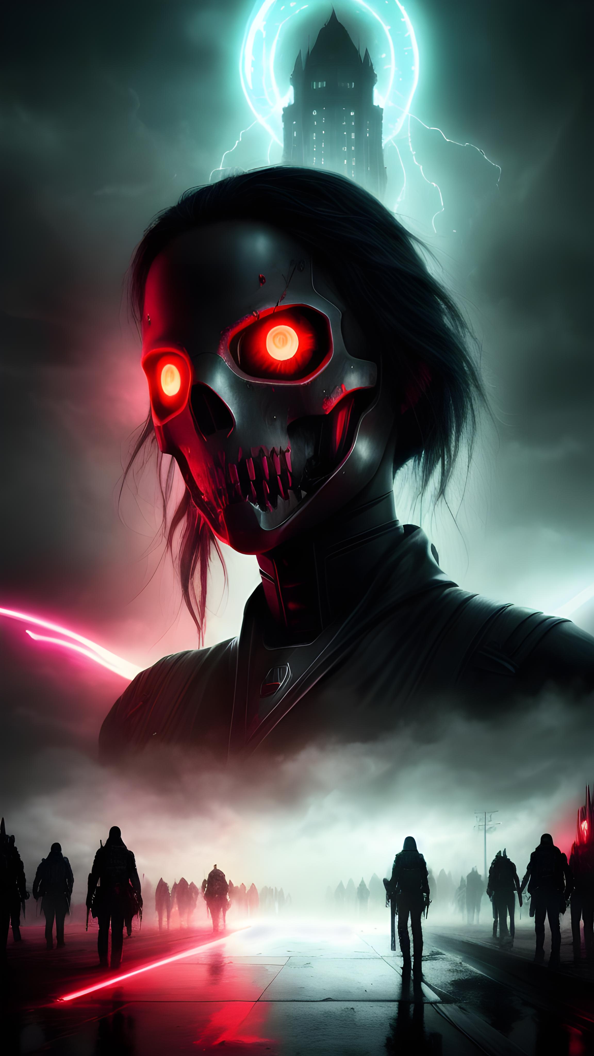 A dark and moody illustration of a woman with glowing red eyes, wearing a black and red costume, and holding two red lightsabers.