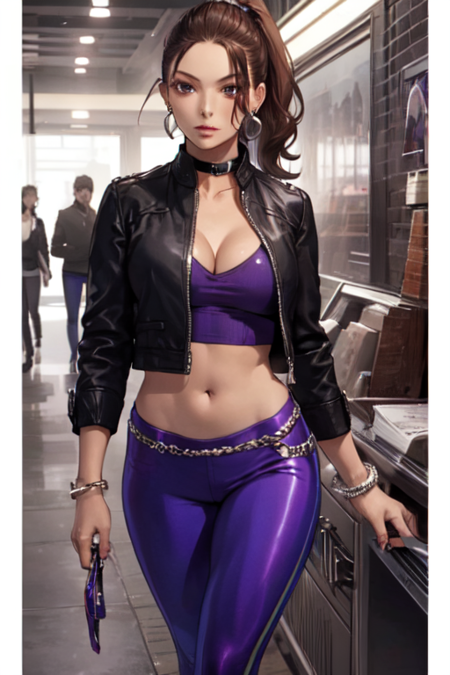 Shaundi, 1girl, solo, brown hair, navel, cleavage, jewelry, medium breasts, black jacket, ponytail, earrings, open clothes, choker, midriff, purple pants, tight pants, open jacket, cropped jacket, 