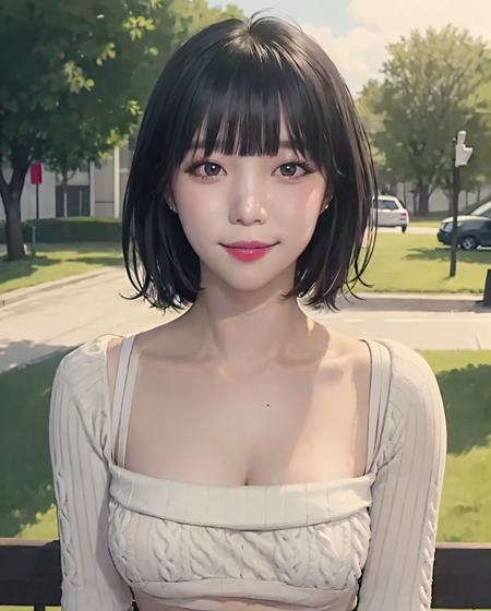 pureerosface_v1:0.3, best quality, photorealistic, 8k, high res, full color, 1girl, woman, 20 years old woman, (smile, closed mouth:1.44), (skindentation), (portrait:0.6), trees, park bench, daylight, ((park background:1.52)), full color, ((necksweater:1.68)), looking at viewer:1.8, (1girl eyes looking at viewer:1.55), (medium-length hair, brownhair, partedbangs:1.45), (bokeh), <lora:AAG-baerasoni:0.65>