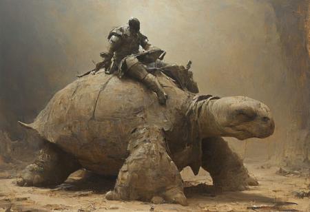 armored male warrior riding a giant tortoise, in the style of Frank Frazetta, <lora:add-detail-xl:0.75>, <lora:xl_more_art-full_v1:0.5>, <lora:XSfenlie:1> fenliexl,  <lora:NicolaSamori:0.9> in the style of Nicola Samori