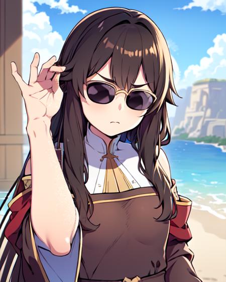 (best quality, masterpiece),  saltbae, (1girl, solo, brown robe, sunglasses, wide sleeves, black eyes, closed mouth, long hair), (clear sky,cloud), <lora:saltbae-17:1>